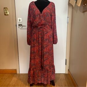 Chaudry (Anthro) Boho Long Sleeve Elastic Waistband Paisley Red Maxi Dress XL